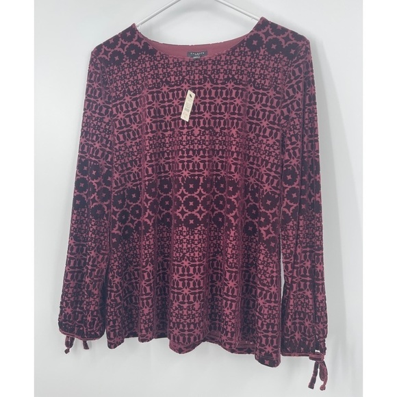 Talbots Burgundy Burnout Velvet Top With Tie Wrists NWT Sz Large Petite LP - Picture 2 of 6